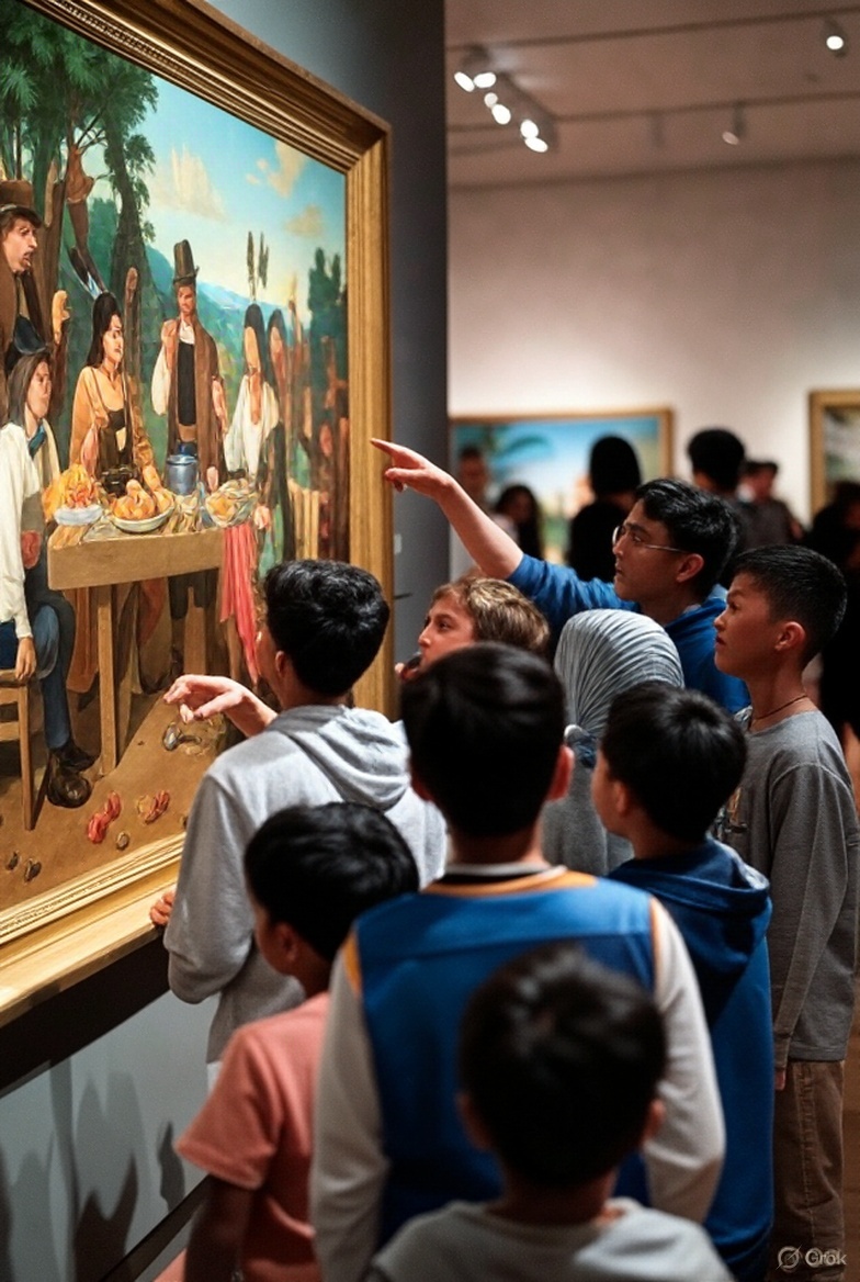Children in an Art Gallery Looking at a Thanksgiving Painting