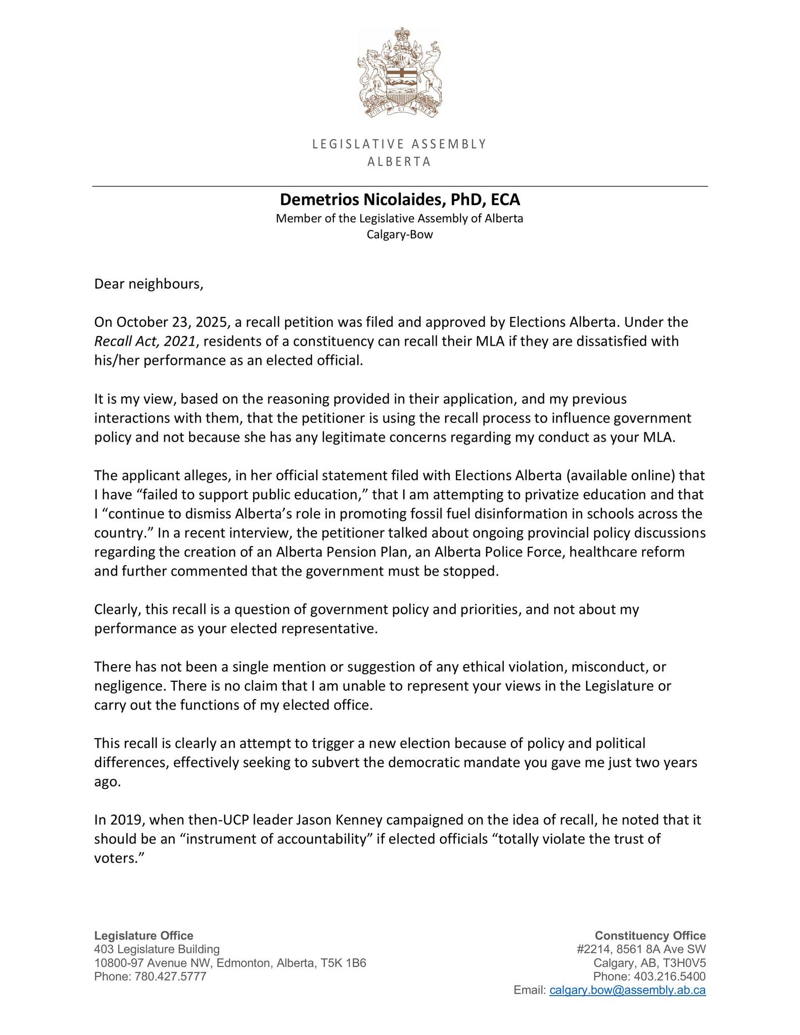 MLA Nicolaides pushes back against recall effort