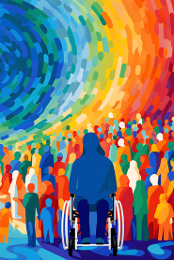 illustration of person in wheelchair with a group of people surrounding them - brightly colored
