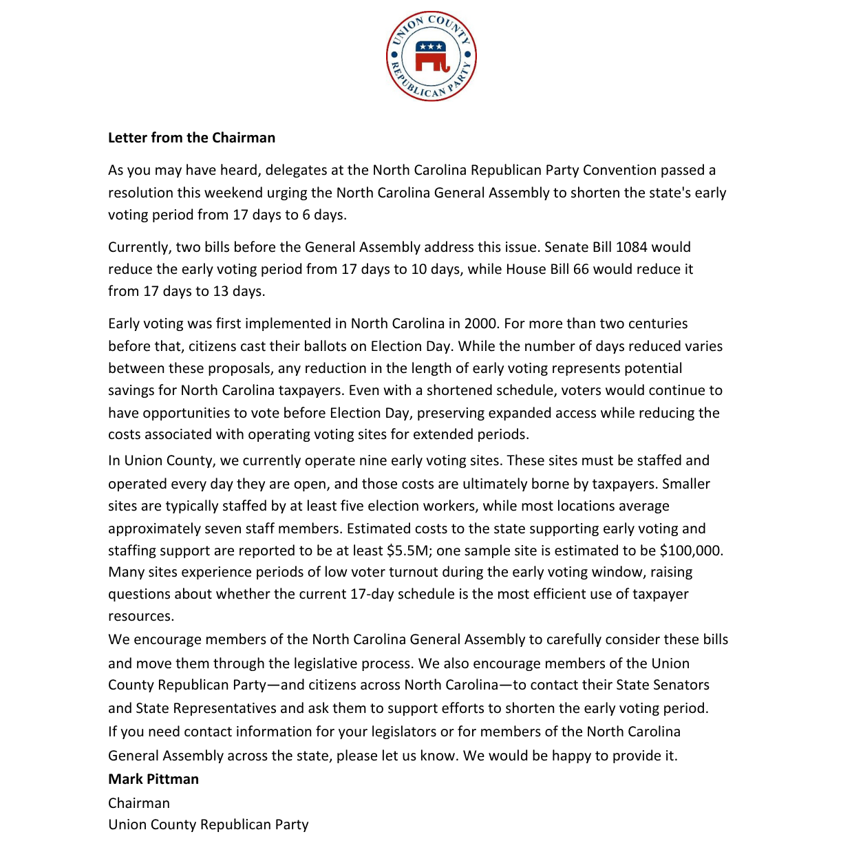 Letter from the Chairman - Early Voting