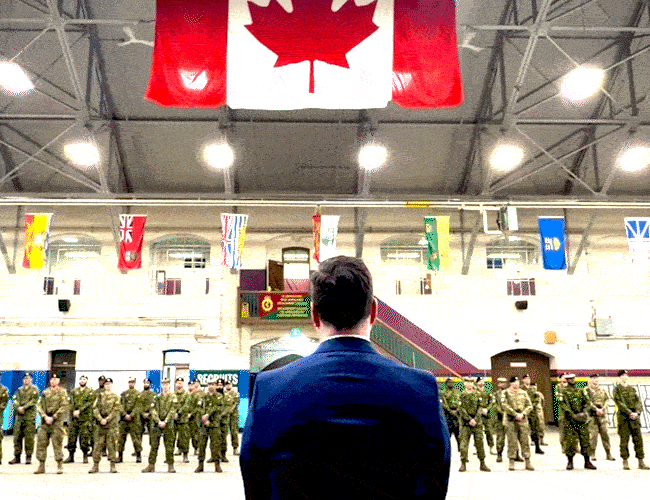 Img Alt: An animated gif of Cllr. DJ Kelly inspecting graduates from 41 Canadian Brigade Group at the Mewata Armoury on April 16, 2026. (Rukhsaar Daya/Ward 4)