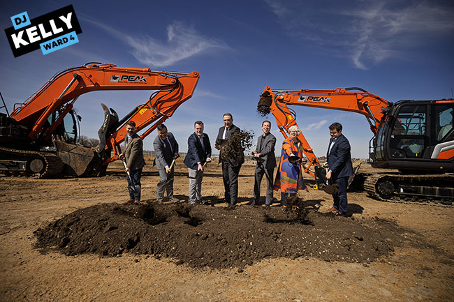 Img Alt: Cllr. DJ Kelly helps to break ground on the new 176-home Calgary Housing Midfield Heights affordable housing project on April 30, 2026. (Aryn Toombs / Ward 4)