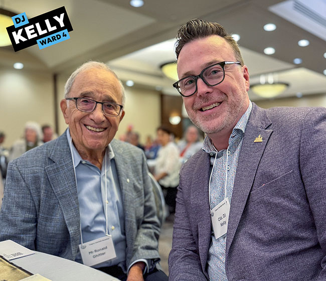 Img Alt: Senator Ron Glitter and Cllr. DJ Kelly at the Calgary Interfaith Council breakfast on May 14, 2026. (Aryn Toombs / Ward 4)
