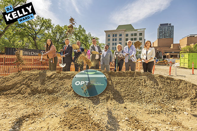 Img Alt: Cllr. Kelly joins in on the ceremonial sod turning for the Olympic Plaza Transformation on May 28, 2026. (Aryn Toombs / Ward 4)