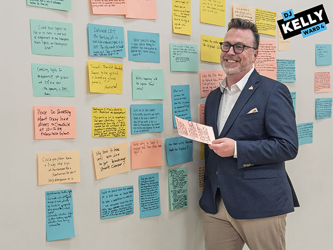 Img Alt: Cllr. Kelly stands next to questions submitted by Ward 4 neighbours during the Ward 4 town hall on June 3, 2026. (Aryn Toombs / Ward 4)
