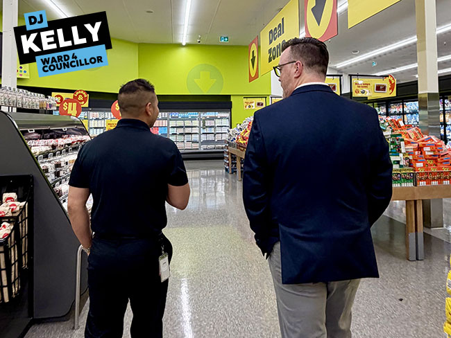 Img Alt: Cllr. D.J. Kelly tours the new Thorncliffe FreshCo on Aug. 13, 2026. (Aryn Toombs / Ward 4)