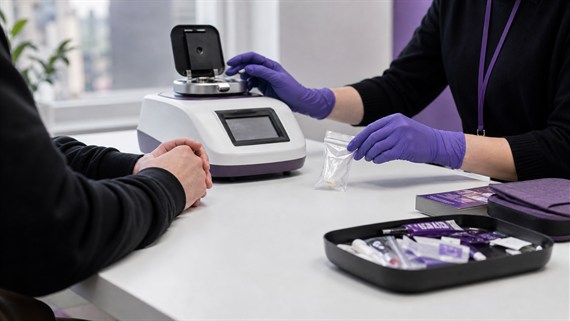 Pill testing service worker checks a sealed sample with laboratory equipment