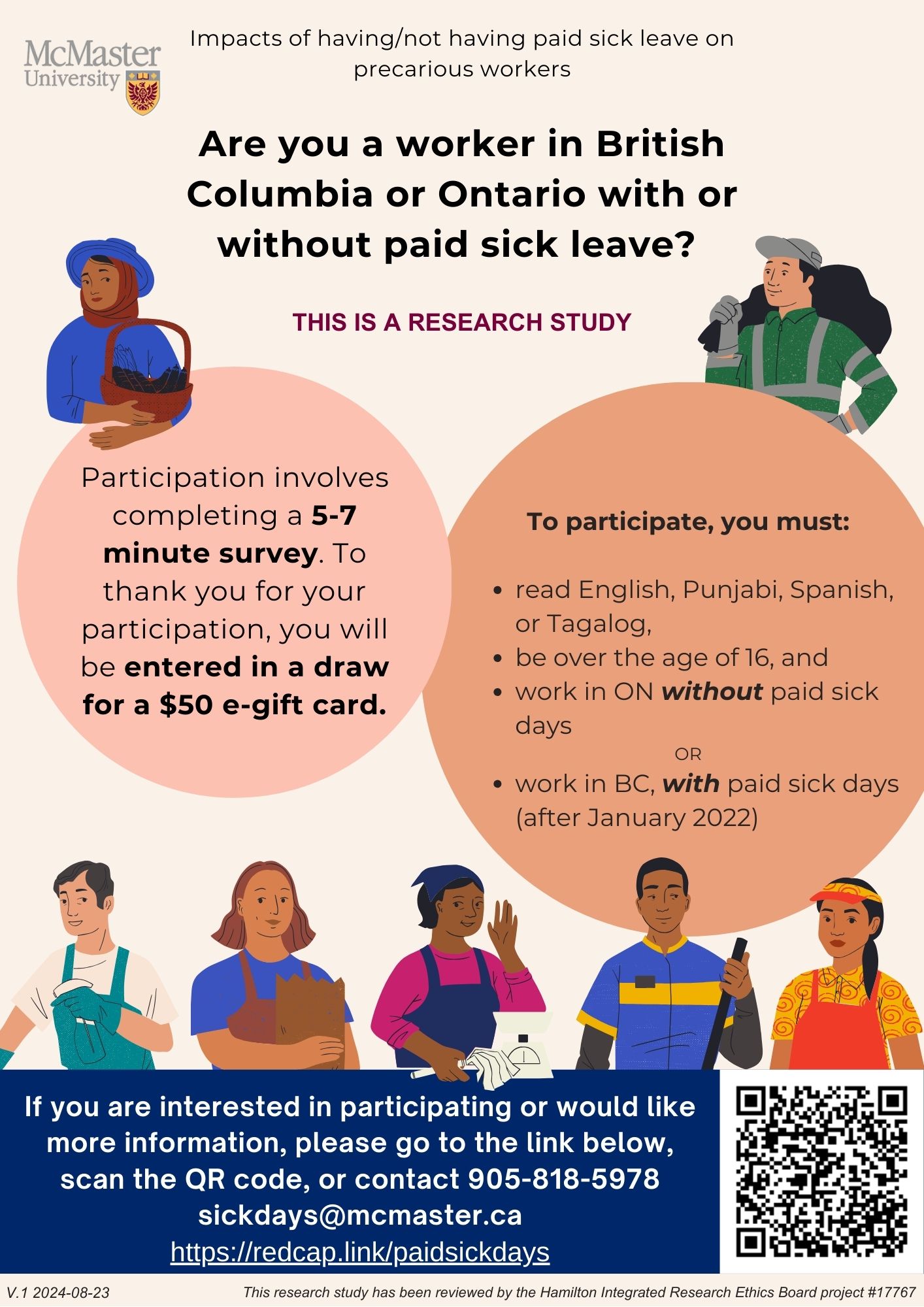 Recruitment poster for McMaster University study on paid sick days
