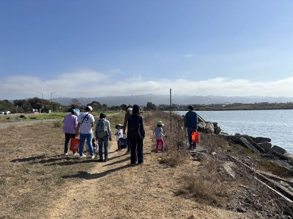 Group of cleanup volunteers along a coast