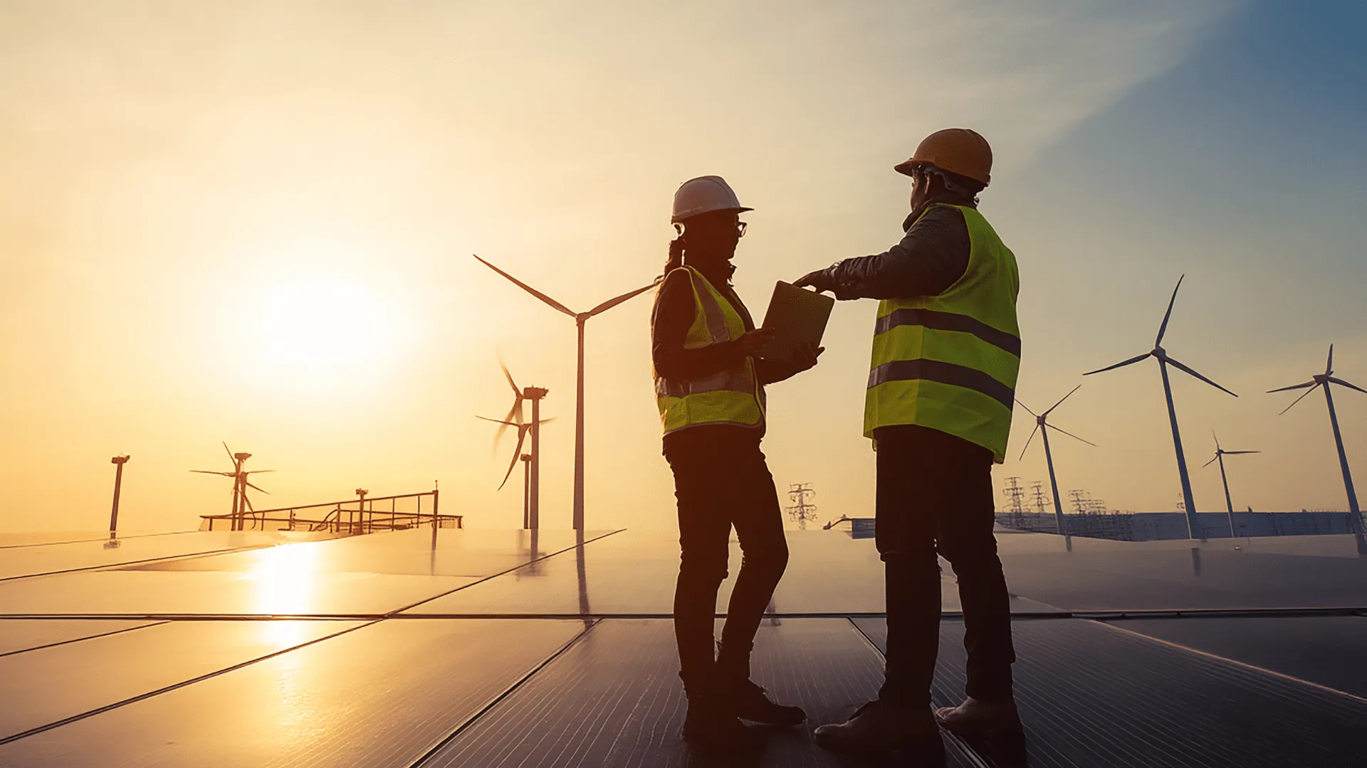 Two utility workers standing on a solar farm