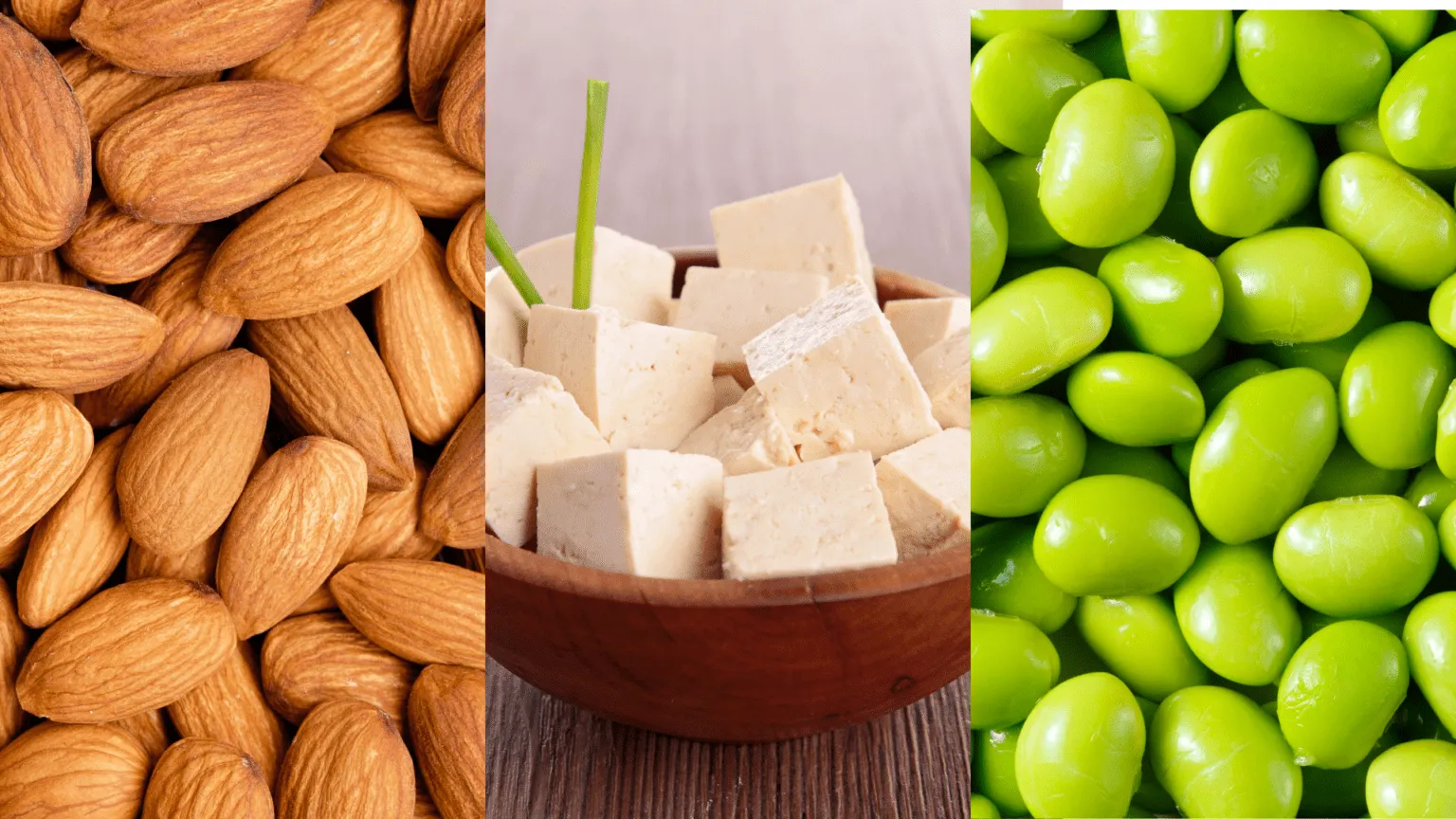 3 pannel picture of almonds, tofu, and soy
beans