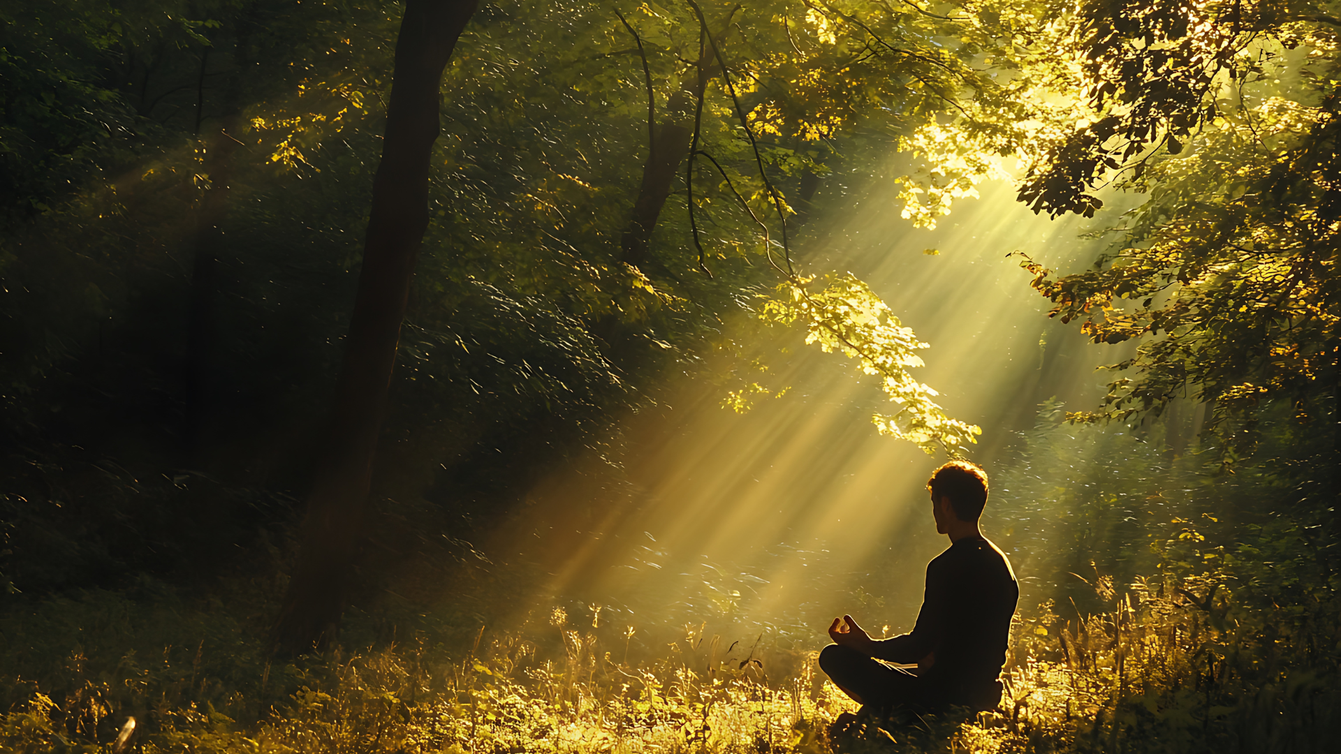 Man meditating in the forest