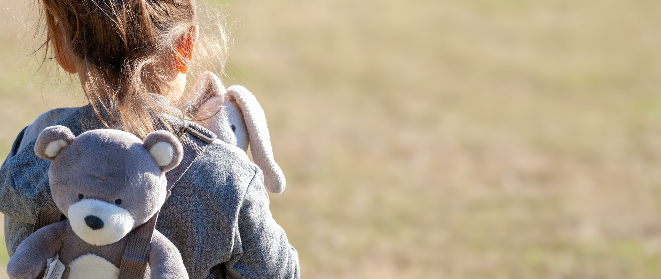 A young child seen from behind walking through an open field, carrying a small teddy bear backpack.