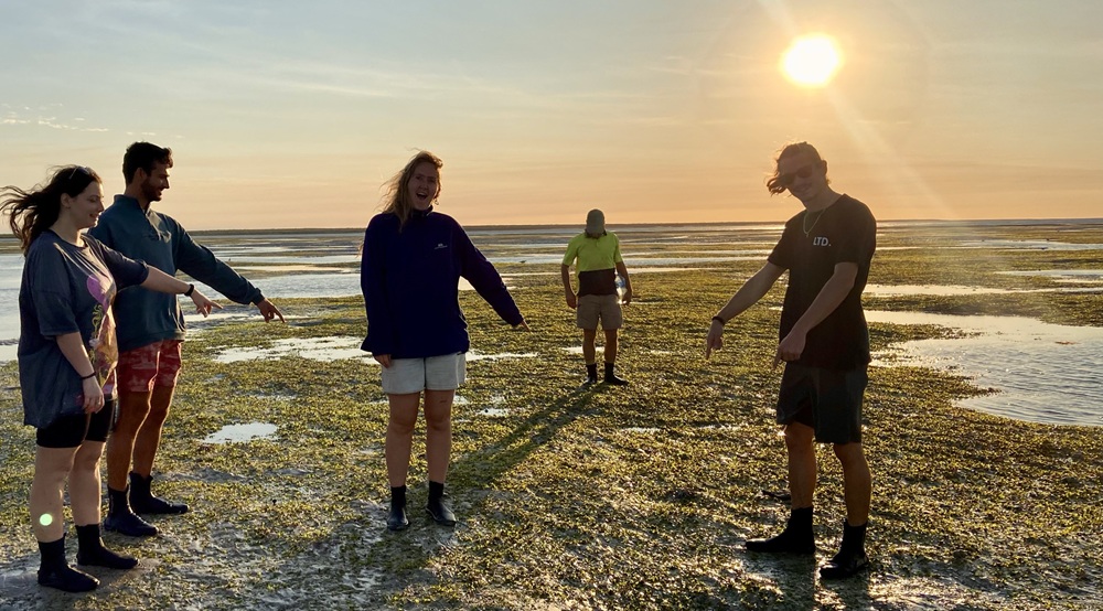 Pointing out the dugong trails in the seagrass Pointing out the dugong trails in the seagrass