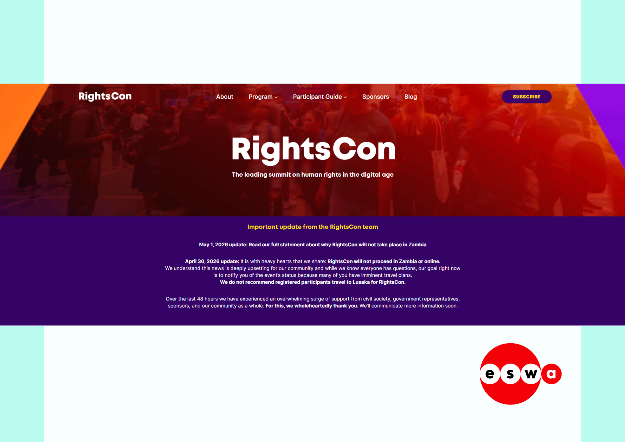 ESWA statement on Cancellation of RightsCon 2026