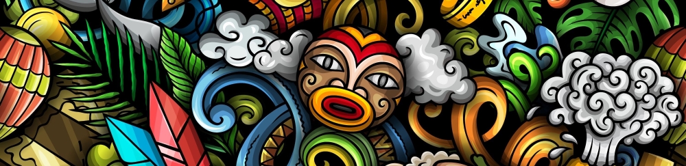 Kiwiana montage with smiling god face in centre