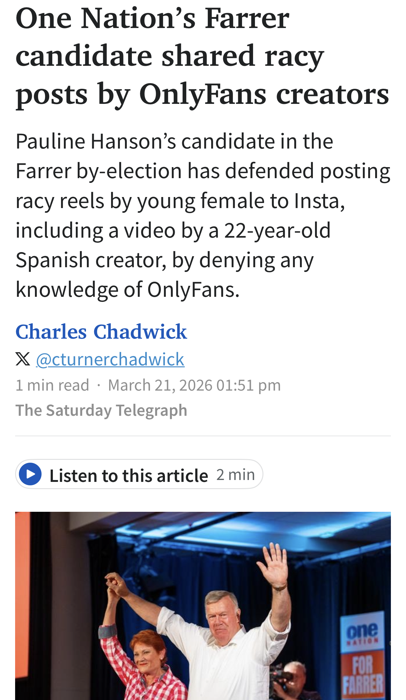 Family First refuses to preference One Nation in Farrer over candidate’s view of women