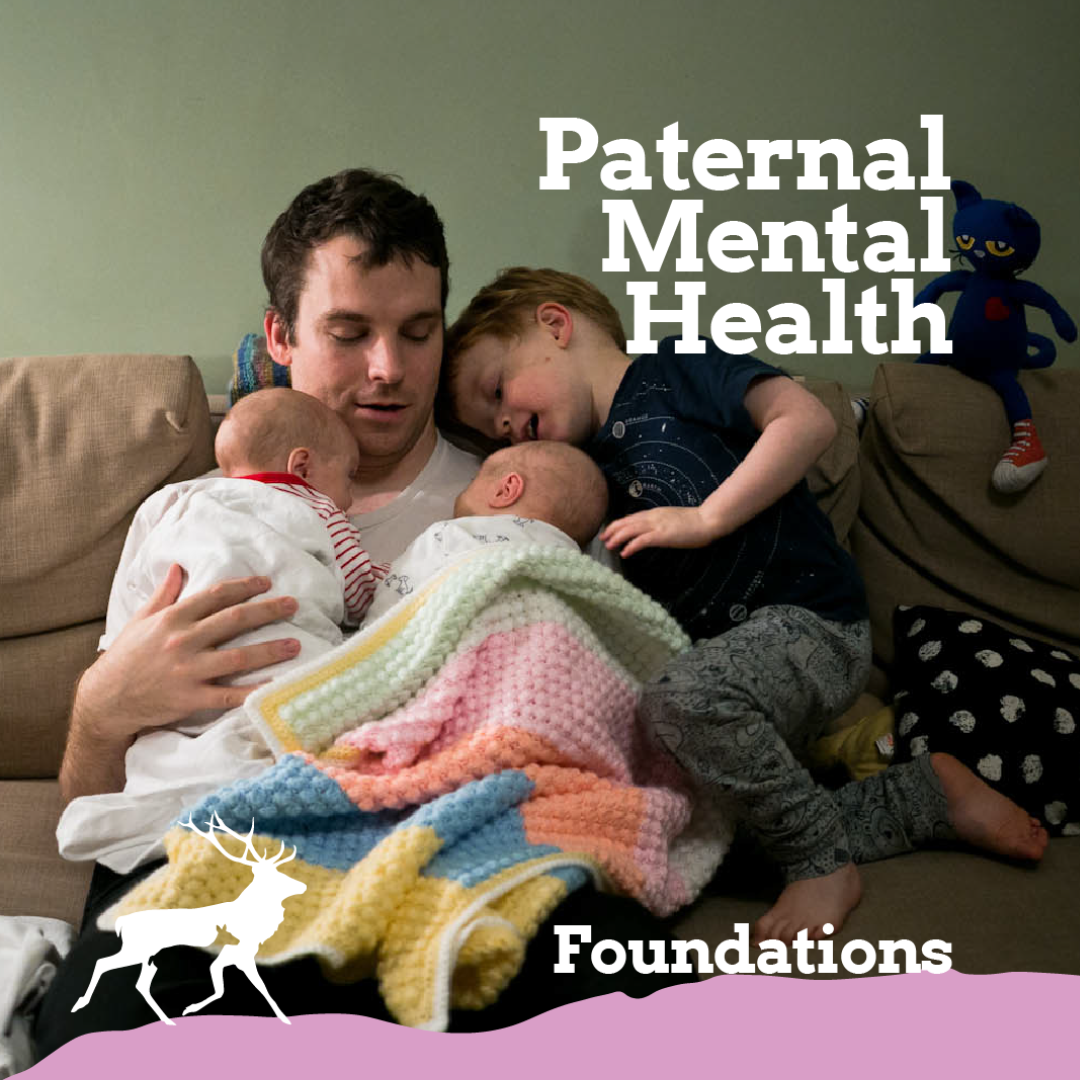 Poster for Paternal Mental Health Foundations training featuring a father hugging his three young children