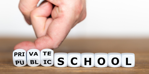 education censorship hand with dice that says public private school