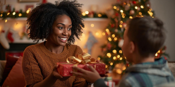 mom handing son wrapped holiday gift