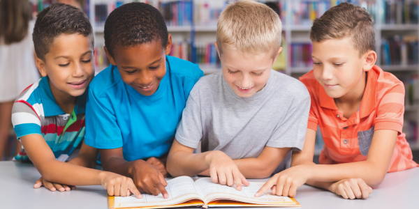 children reading in library