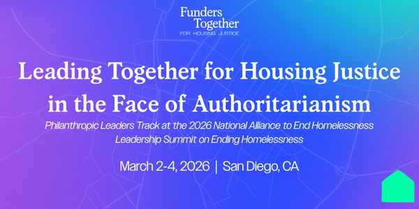 Blue gradient banner with white letters saying leading together for housing justice in the face of authoritarianism