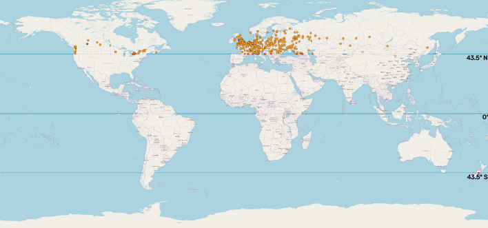 A world map showing all the cities in the Northern Hemisphere that are either 43.5 degrees north or further from the equator, while also showing Christchurch at the equivalent latitude of 43.5 degrees south of the equator.