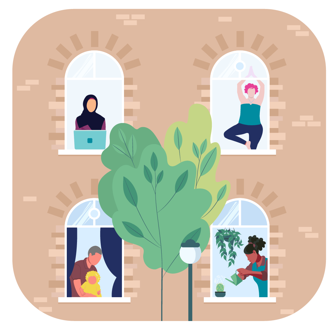 Illustration of people in apartment building