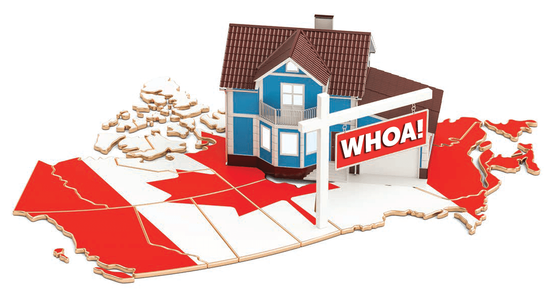 Illustration of house on top of a map of Canada, with a for sale sign that says 'WHOA!'