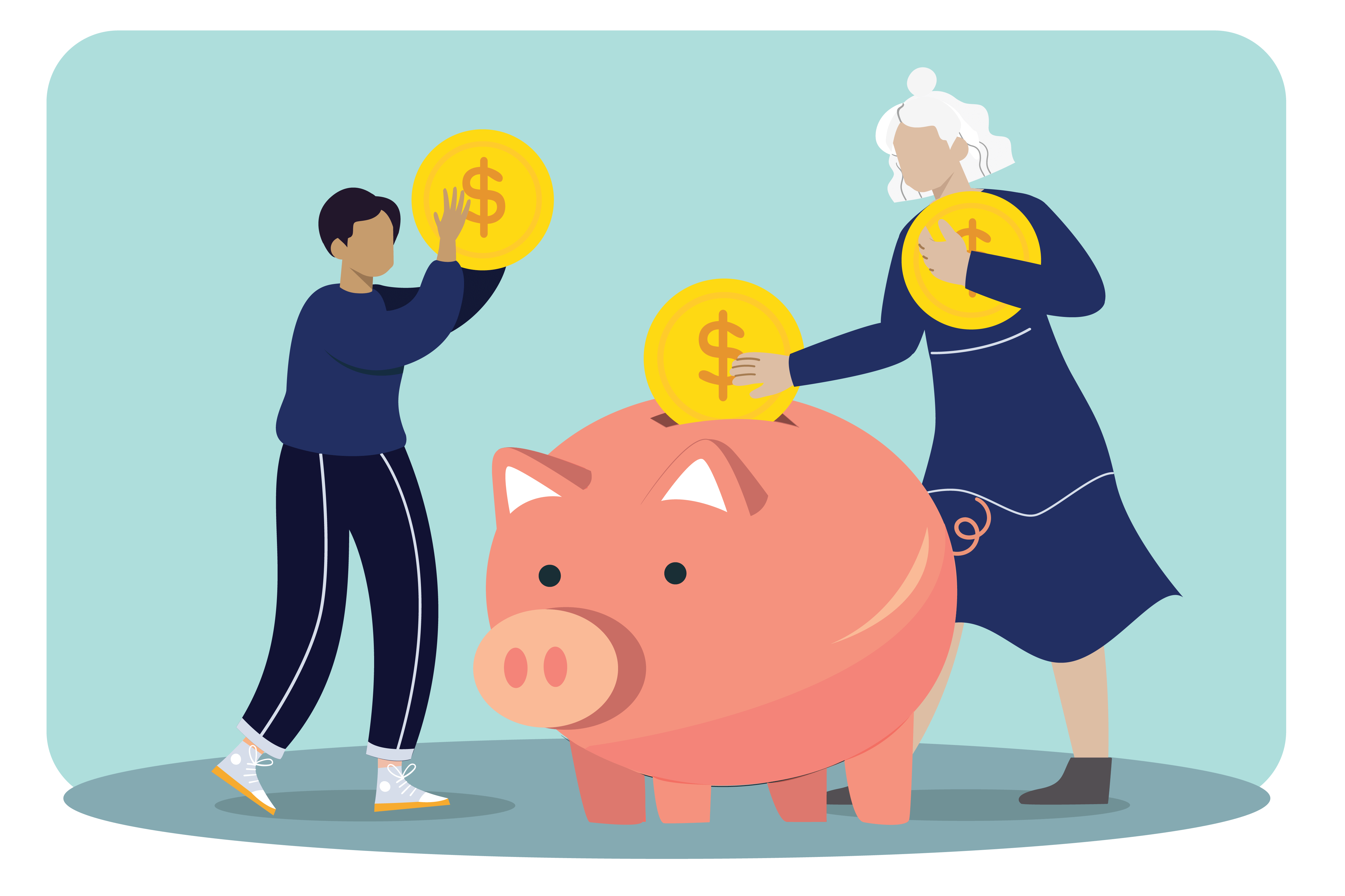 Illustration of two people dropping coins in an oversized piggy bank