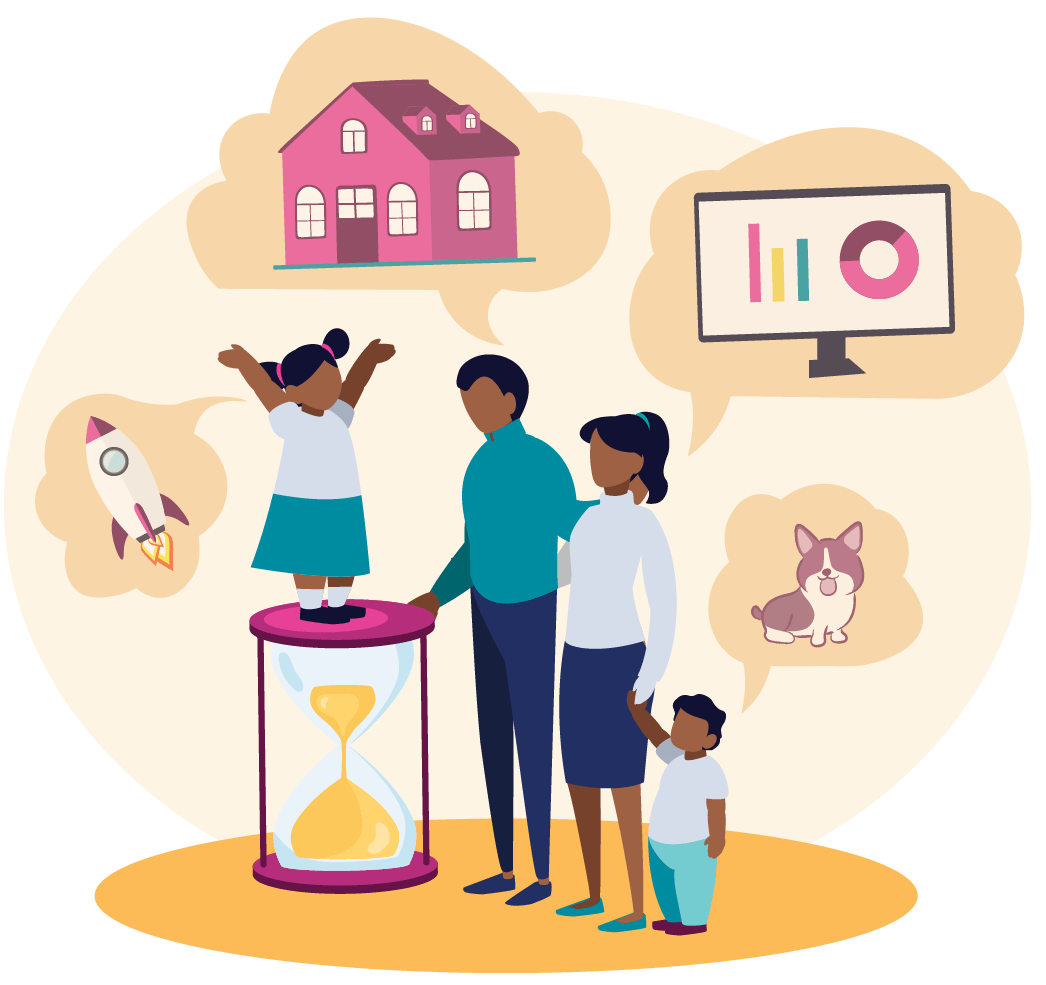 Illustration of family thinking about lots of different expenses