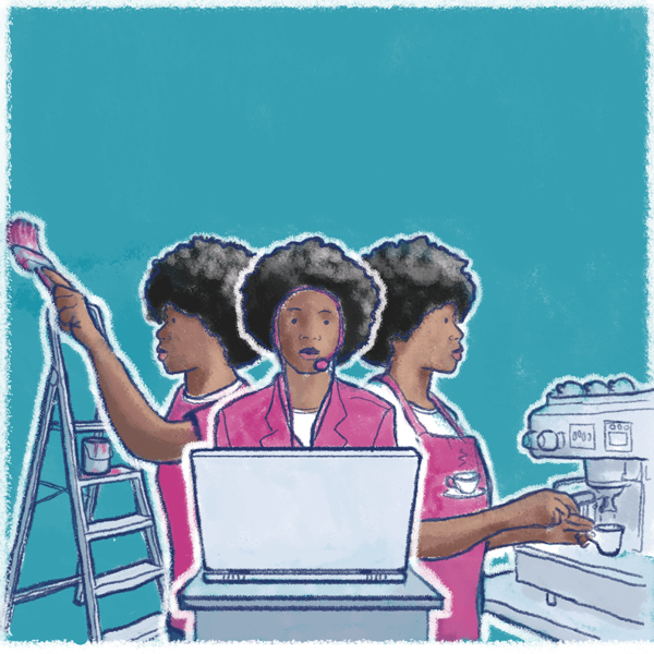 Illustration of young person working multiple jobs