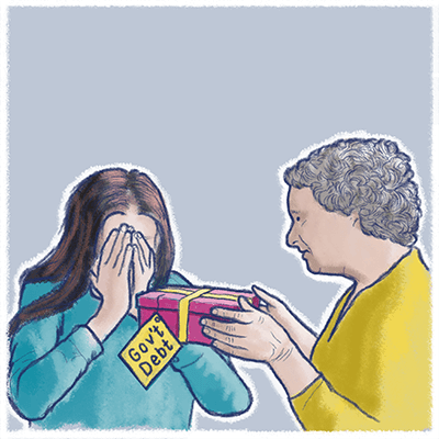 Illustration of older person passing a gift marked with \