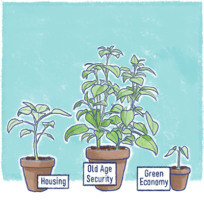 Illustrtaion of 3 plants labelled Housing, Old Age Security, and Green Economy. Old Age Security is the largest