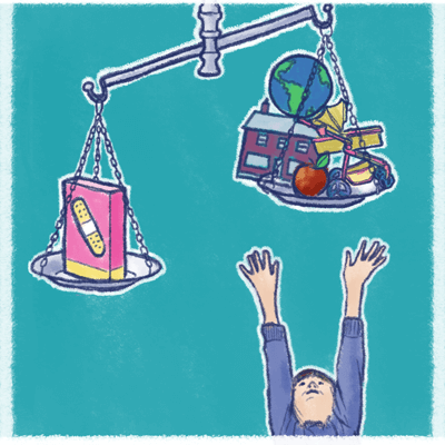 Cartoon of scale with bandaids on the heavier side, and other items like the planet, a house, an apple on the other.