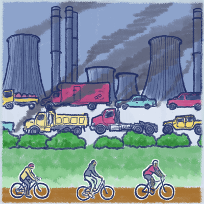 Industrial smokestacks and heavy traffic in the background, with three people cycling in the foreground, highlighting environmental impacts and sustainable transportation.