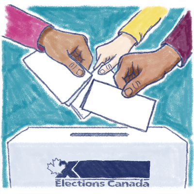 Illustration of three hands placing ballots into an Elections Canada ballot box, symbolizing civic participation and voting.