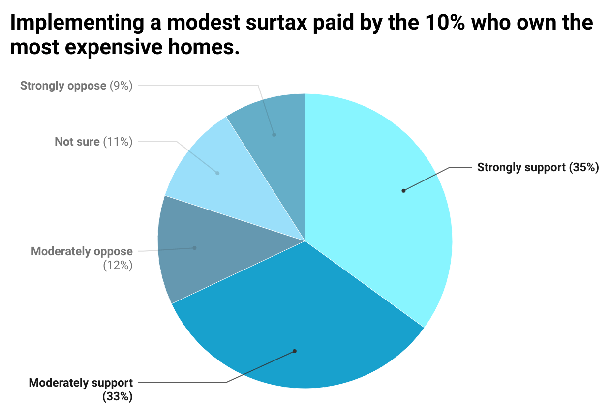 Implementing a modest surtax paid by the 10% who own the most expensive homes (pie chart of poll)
