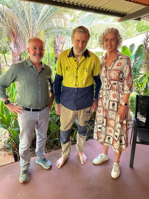 Stevo with Go Gentle CEO Dr Linda Swan and founder Andrew Denton in October, 2025