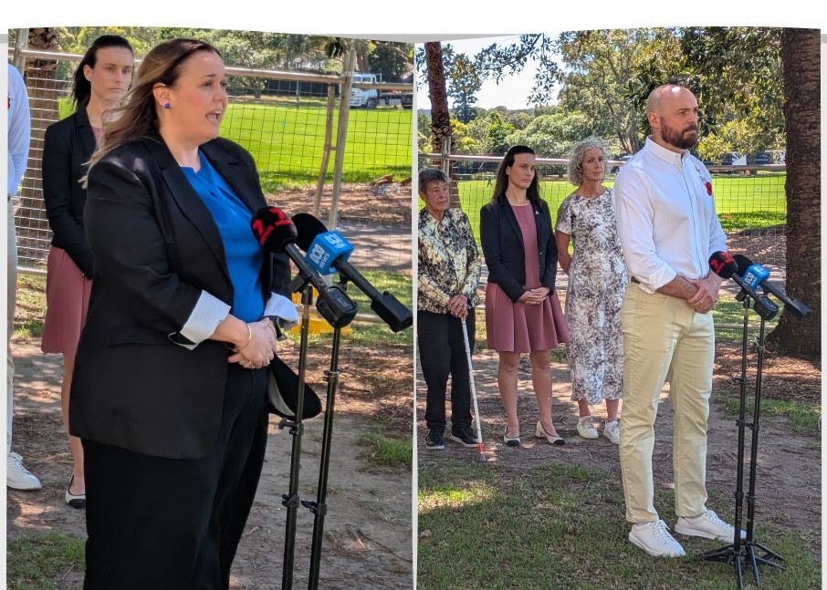 Katrina Bough from the ANMF and the paramedic union's Brett Simpson at a media conference outside NSW Parlaiment