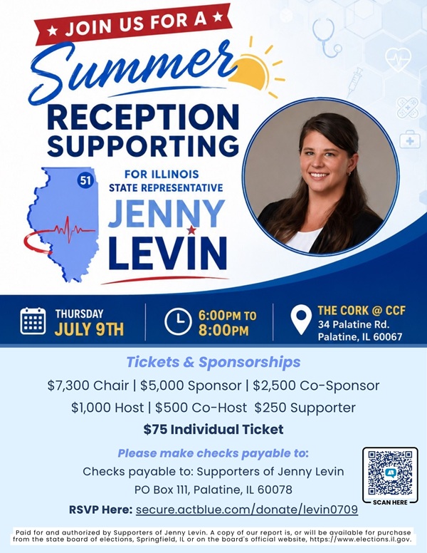 Jenny Levin fundraiser flyer, July 9