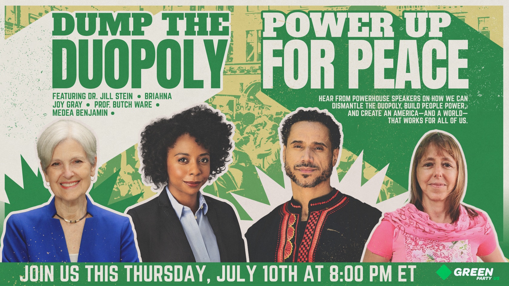 Image reads: "Dump Duopoly, Power up for Peace" Dump Duopoly rally has been rescheduled on July 10 at 8 PM ET! And with the stakes higher than ever, we’re coming back stronger, more fired up, and ready to build the future we deserve.