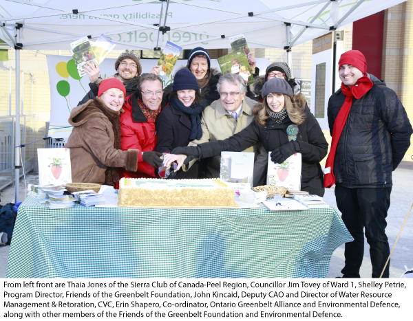 From left front are Thaia Jones of the Sierra Club of Canada-Peel Region, Councillor Jim Tovey of Ward 1, Shelley Petrie, Program Director, Friends of the Greenbelt Foundation, John Kincaid, Deputy CAO and Director of Water Resource Management & Retoration, CVC, Erin Shapero, Co-ordinator, Ontario Greenbelt Alliance and Environmental Defence, along with other members of the Friends of the Greenbelt Foundation and Environmental Defence. 