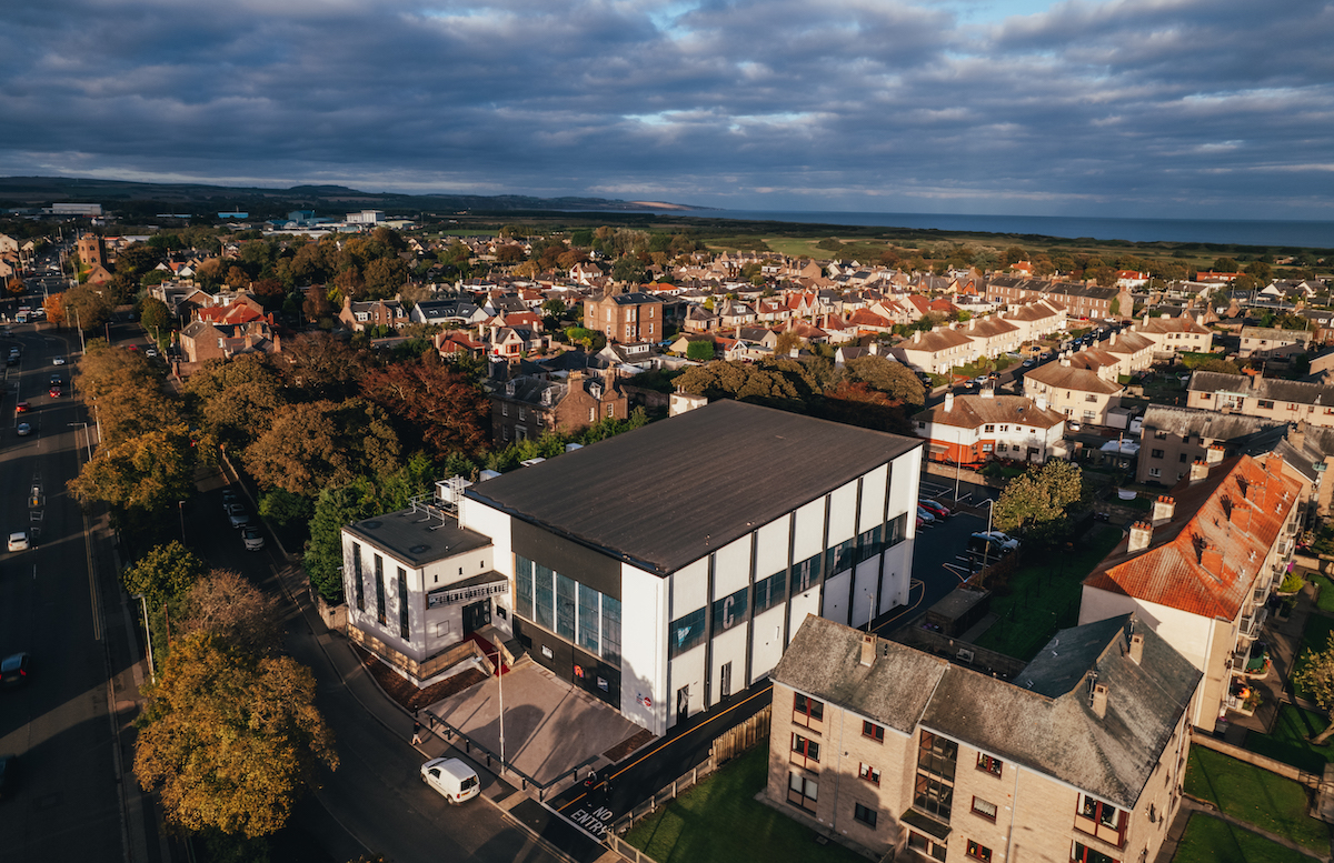 Montrose Playhouse building photographed from the sky