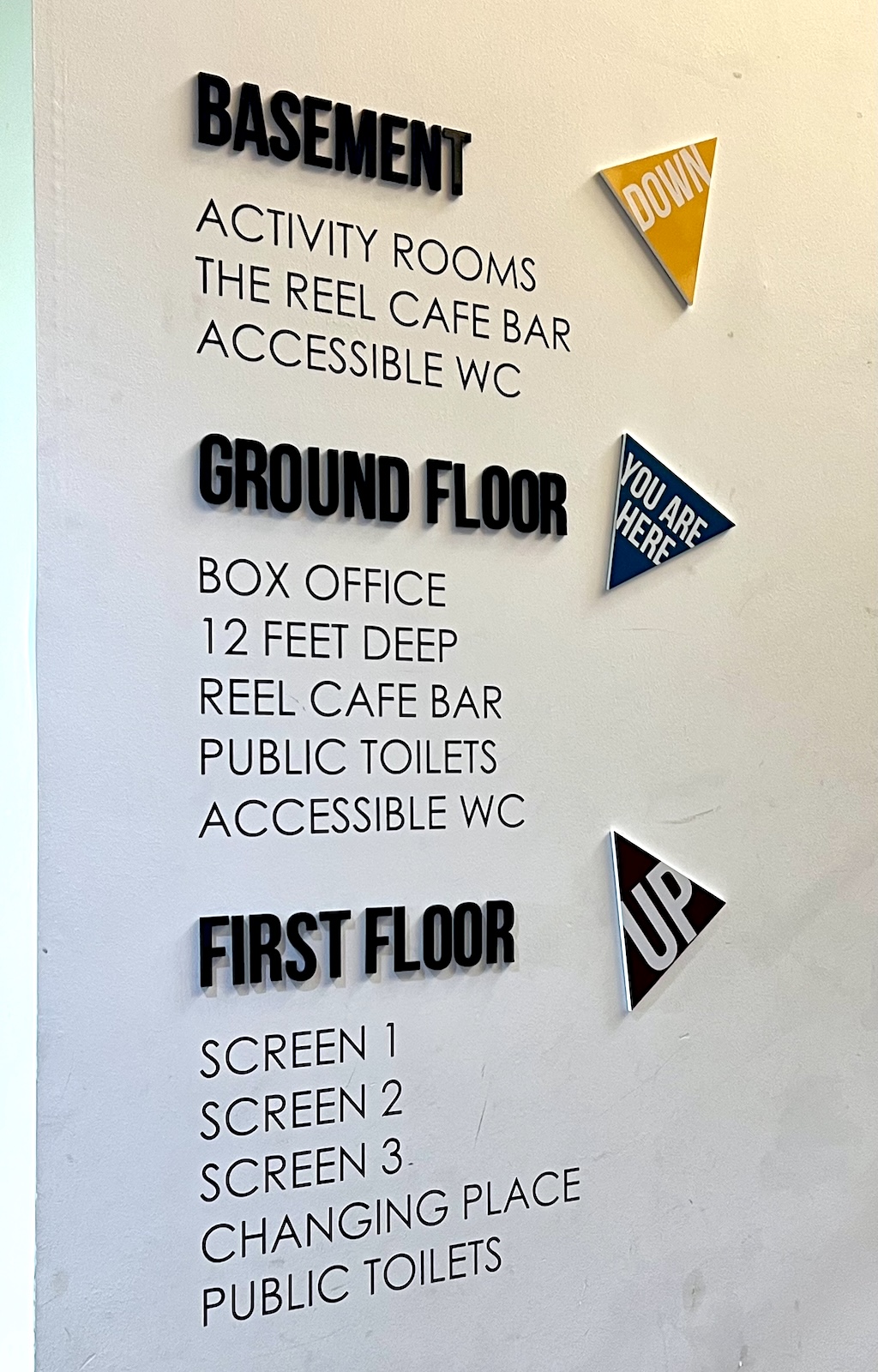 Montrose Playhouse toilet signage Signage inside the Montrose Playhouse showing locations of accessible toilets and changing rooms.