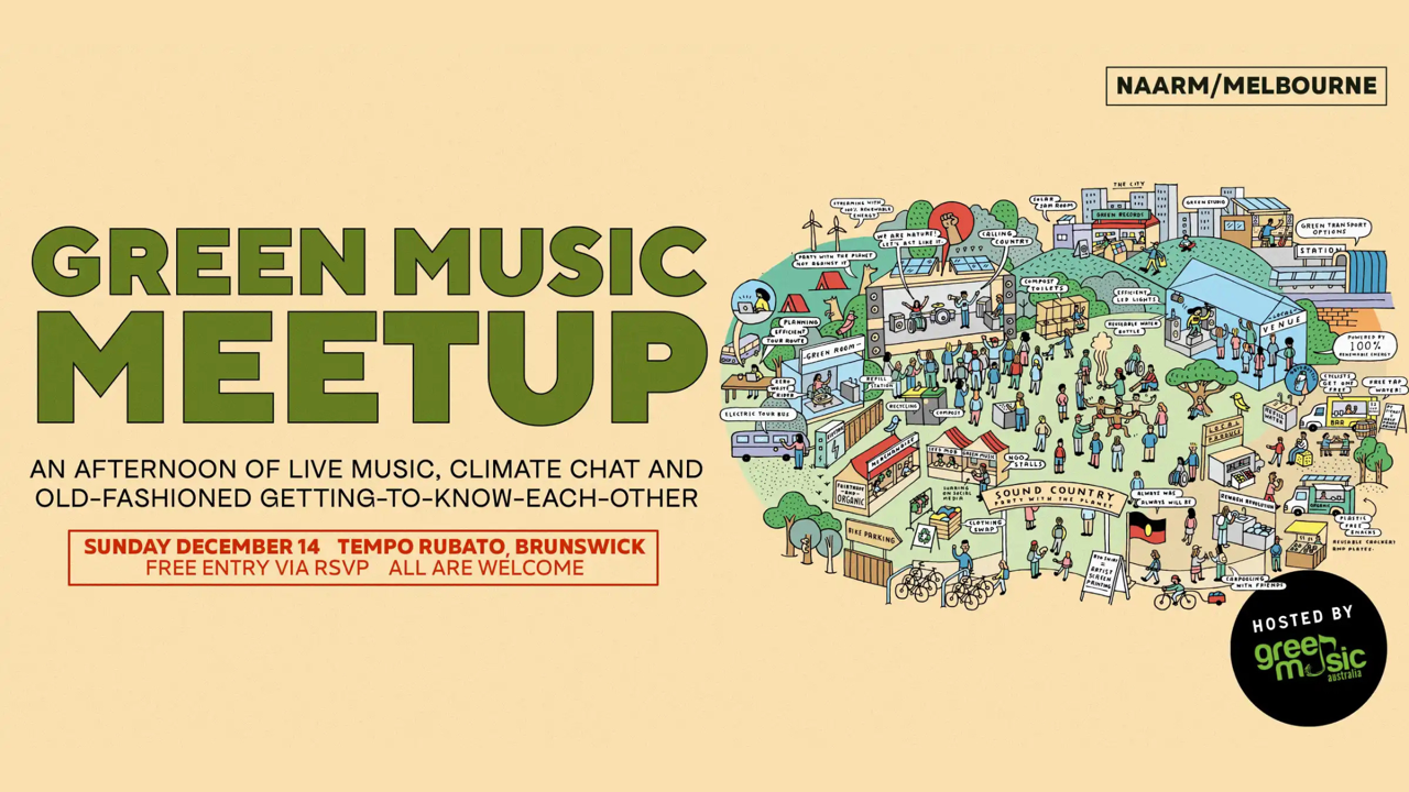  a poster for our upcoming meetup, featuring an illustration of a vibrant community music event where sustainable initiatives are implemented at every level.