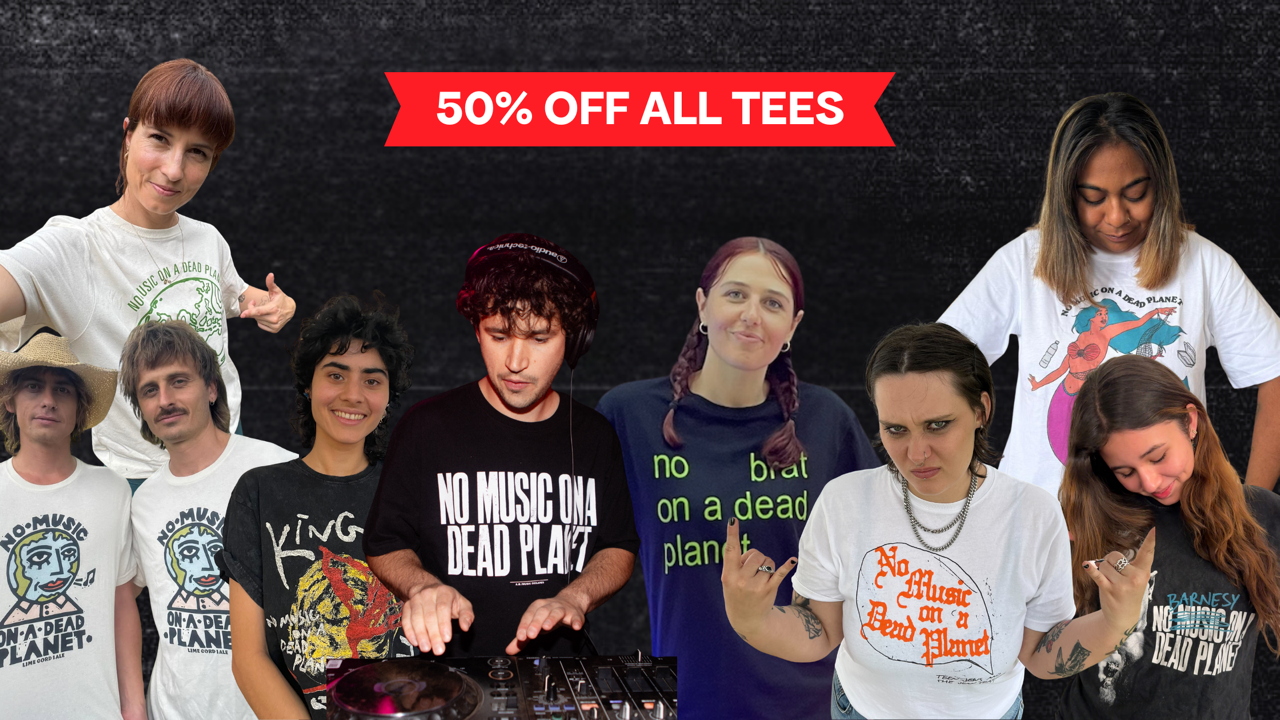 a promotional graphic for our NO MUSIC ON A DEAD PLANET merch sale featuring several artists wearing custom t-shirts from the collection.