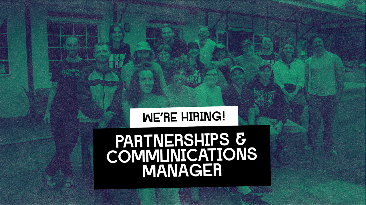 a group of artists from one of our workshops with a greenish-blue overlay. Bold text in the centre announces a job opening for a \