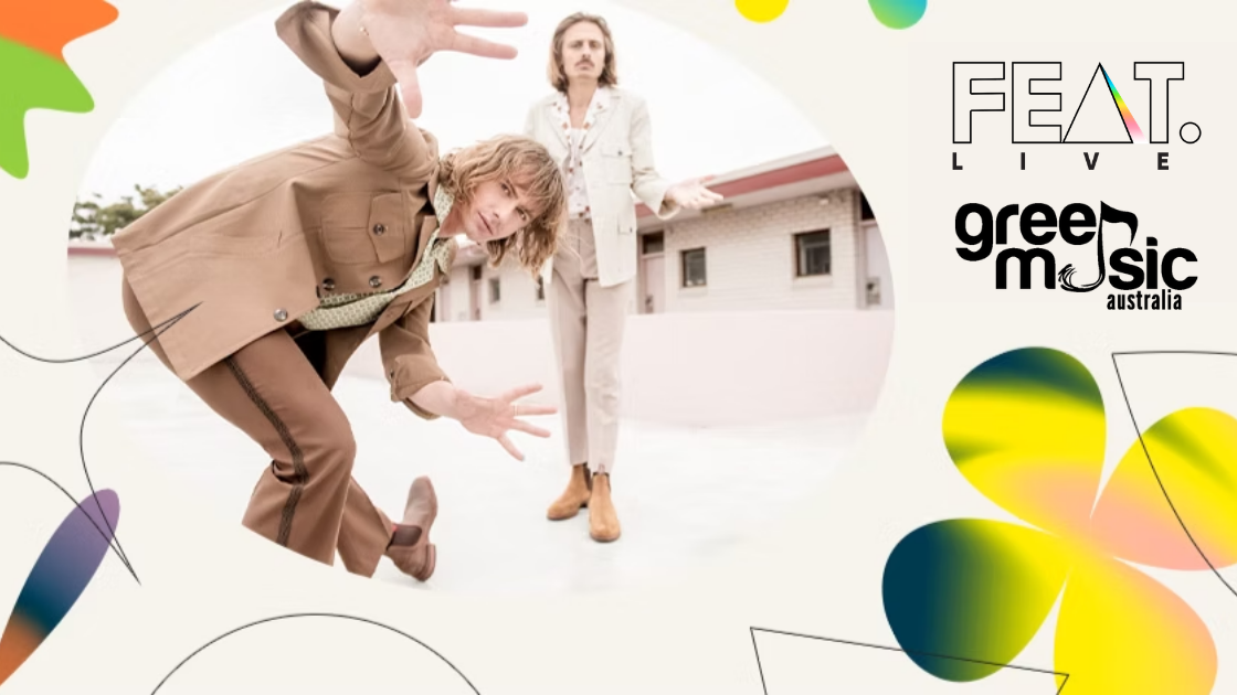 Lime Cordiale artist duo with logos from FEAT. Live and Green Music Australia.
