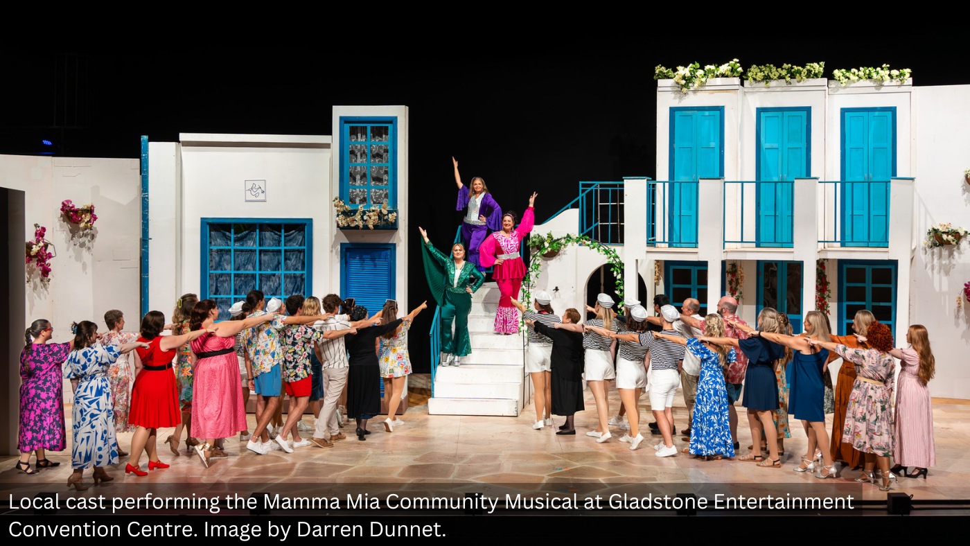 Local cast performing the Mamma Mia Community Musical at Gladstone Entertainment Convention Centre. Image by Darren Dunnet.